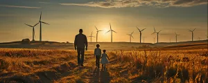Mann und Kinder vor Windrädern im Sonnenuntergang