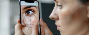 Frau scannt ihre Haut mit dem Smartphone