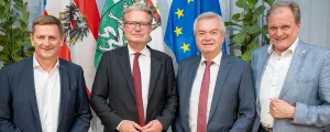 Bürgermeister Kurt Wallner, Landeshauptmann Christopher Drexler, LH-Stv. Anton Lang und Bürgermeister Erwin Dirnberger 