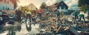 Menschen räumen nach Hochwasser auf