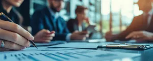 Menschen sitzen an einem Bürotisch