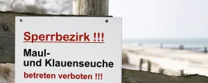 Schild mit der deutschen Aufschrift Maul und Klauenseuche, betreten verboten
