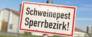 Tafel mit Aufschrift "Schweinepest Sperrbezirk"