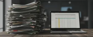 Aktenstapel und Laptop