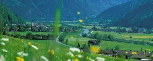 Gemeinde in Tirol mit Fluss und Alpen