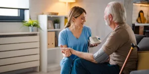 Krankenschwester misst bei einem Mann den Blutdruck
