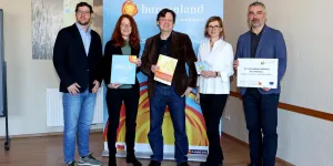 Marco Dernberger (komobile – Büro für Verkehrsplanung), Cordula Müller (Mobilitätszentrale Burgenland), Alexander Chloupek (BUMOG - Burgenländische Mobilitätsorganisationsgesellschaft mbH – Bereich Verkehrsplanung), Christine Zopf-Renner (Leiterin der Mobilitätszentrale Burgenland) und Verkehrslandesrat Heinrich Dorner (