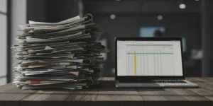 Aktenstapel und Laptop