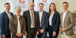 Lambert Handl (Dobersberg, NÖ), Ulrike Kitzinger (Sigleß, Bgld.), Gemeindebundpräsident Johannes Pressl, Patric Pipp (Nußdorf ob der Traisen, NÖ), Kerstin Suchan-Mayr (St. Valentin, NÖ), Stefan Schröter (Ziersdorf, NÖ).