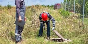 2 Männer begutachten ein Grundwasserreservoir