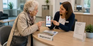 alte Frau lässt sic am Gemeindeamt beraten