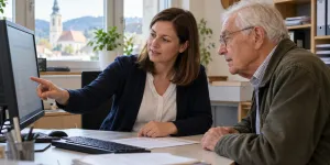 Frau erklärt älteren Mann etwas