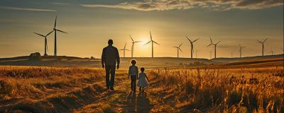 Mann und Kinder vor Windrädern im Sonnenuntergang