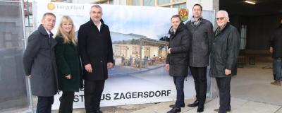 Geschäftsführer Thomas Rosner (Projektentwicklung Burgenland GmbH), Vizebürgermeisterin Karin Vukman-Artner, Bürgermeister Ivan Grujic, Landesrat Heinrich Dorner, Projektleiter Christian Weiss (Projektentwicklung Burgenland GmbH) und Johann Schöll von der Baufirma Schöll.