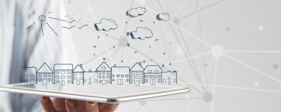 Virtuell dargestelltes Dorf auf Tablet