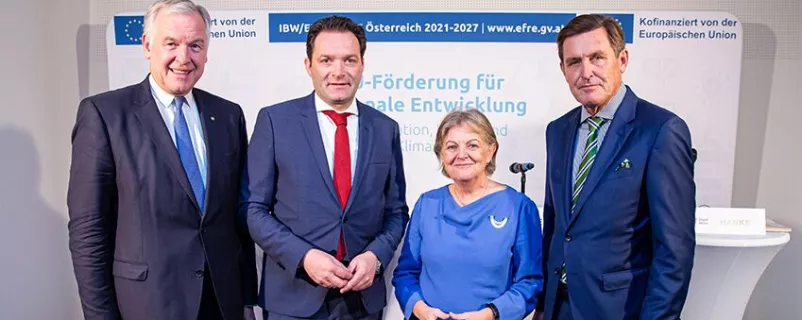 Landesrat Martin Eichtinger NÖ), Bundesminister Norbert Totschnig, EU-Kommissarin für Kohäsion und Reformen, Elisa Ferreira und Stadtrat Peter Hanke (Wien).