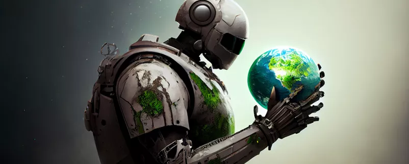 Planet Erde in den Händen eines Roboters, künstliche Intelligenz verändert die Welt - Generative Ai