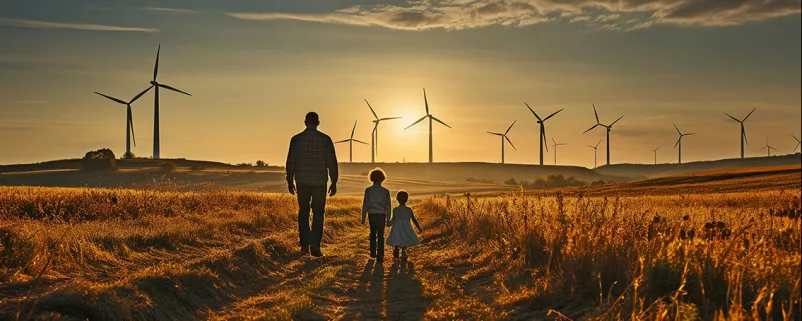Mann und Kinder vor Windrädern im Sonnenuntergang