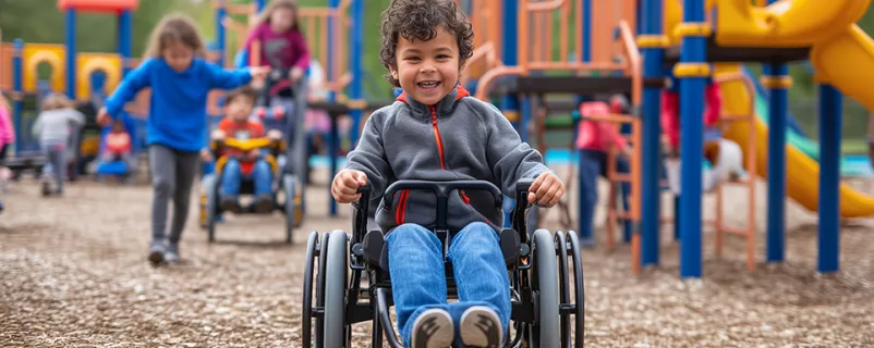 Kind im Rollstuhl auf einem Spielplatz
