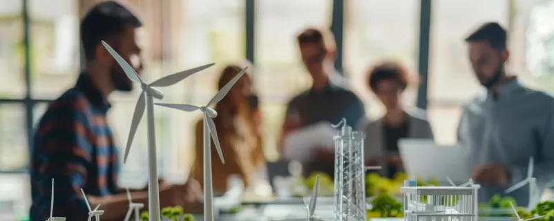 Menschen vor dem Modell einer Windkraftanlage
