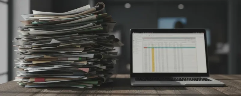 Aktenstapel und Laptop