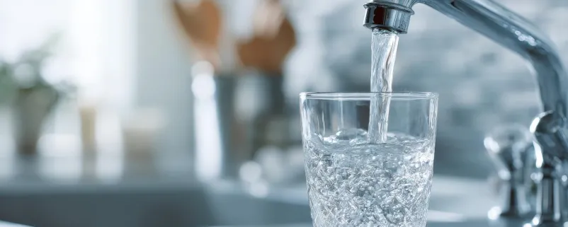 Wasser fließt aus einer Armatur in ein Glas