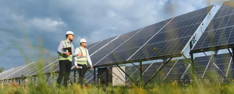 Techniker bei einer großen PV-Anlage