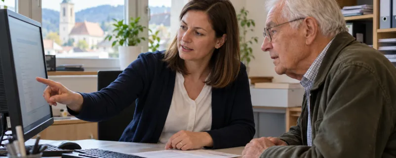 Frau erklärt älteren Mann etwas
