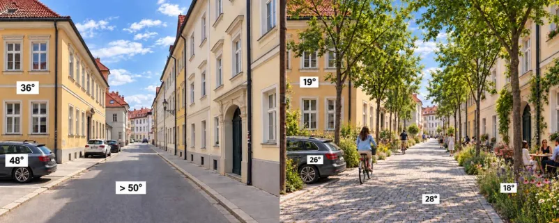 eine Straße ohne und mit Bepflanzung
