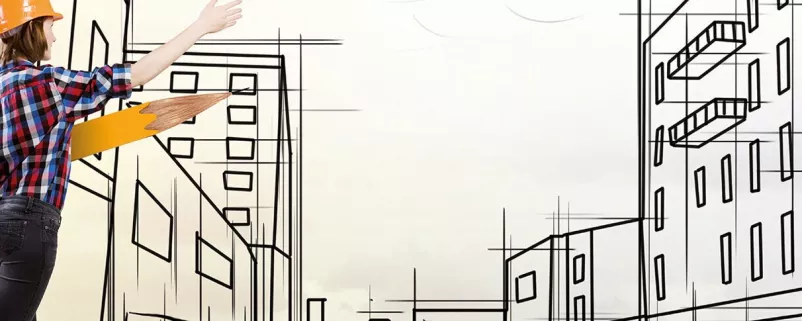 Gezeichnete Stadt-Facette mit Planerin davor