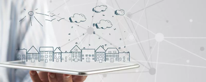 Virtuell dargestelltes Dorf auf Tablet