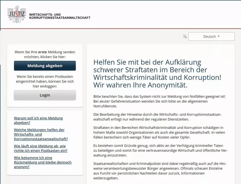 Startseite des Webportals bkms-systems.net für die Wirtschafts- und Korruptionsstaatsanwaltschaft