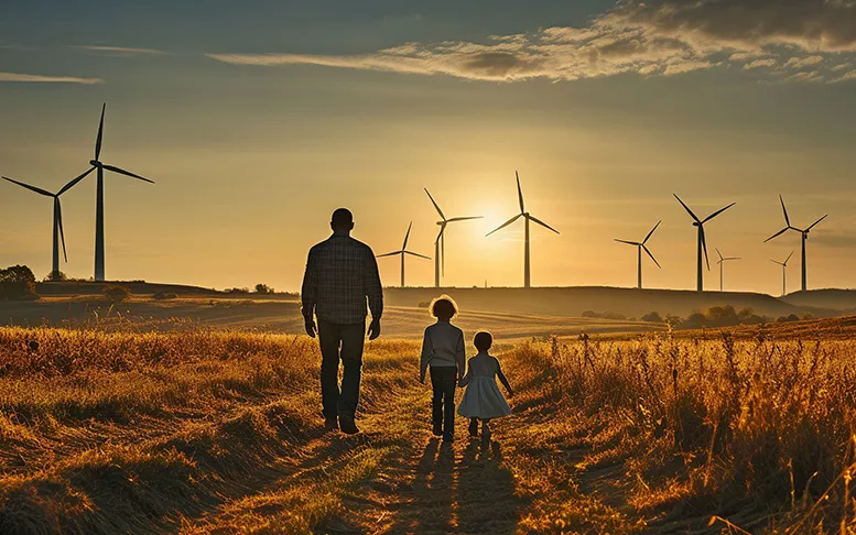 Mann und Kinder vor Windrädern im Sonnenuntergang