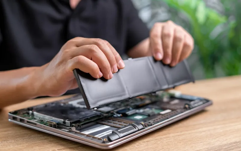 Akku aus einem Laptop wird entfernt