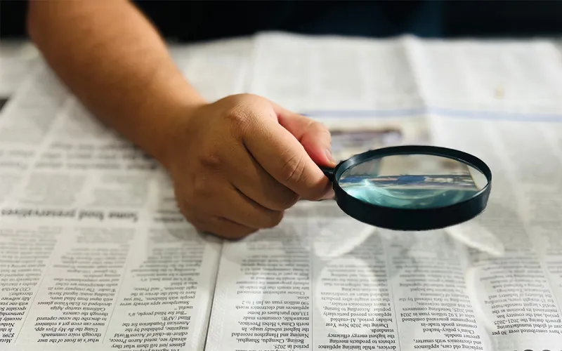 Zeitung mit Lupe lesen