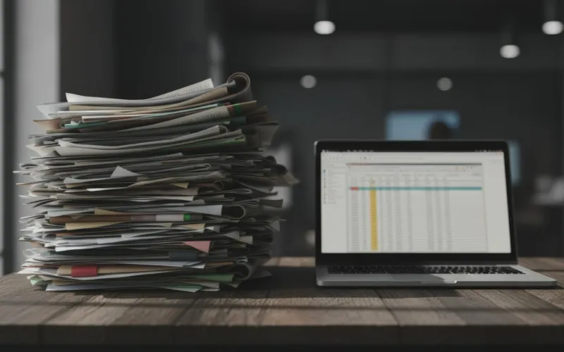 Aktenstapel und Laptop