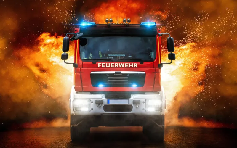Feuerwehrauto während eines Brandes