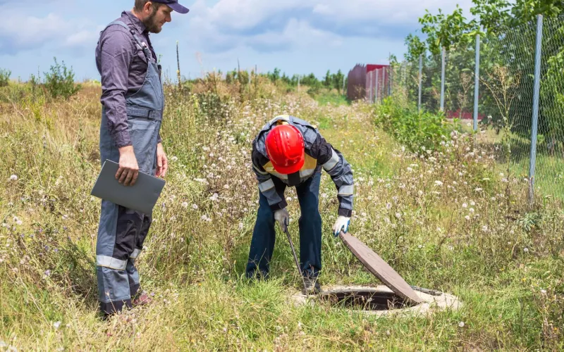 2 Männer begutachten ein Grundwasserreservoir