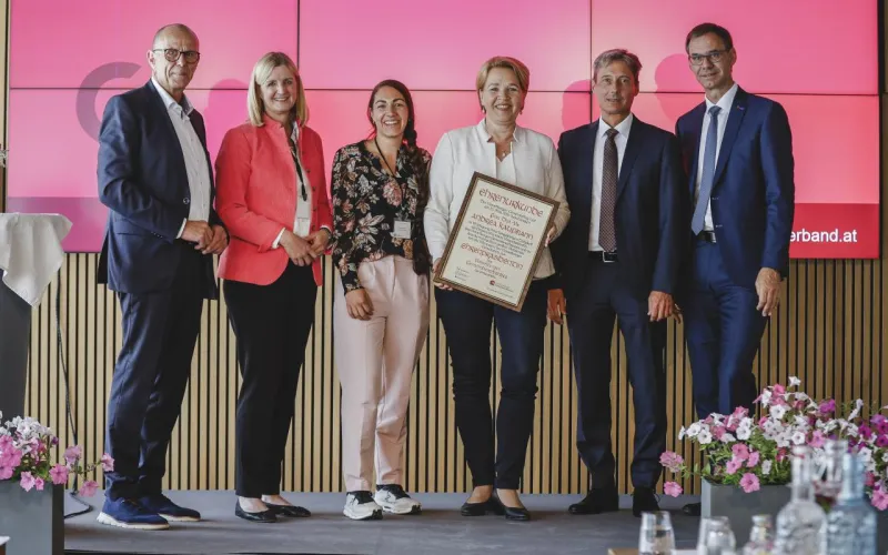 Gemeindeverbands-Präsident Walter Gohm, Daniela Kampfl, Vizepräsidentin des Österreichischen Gemeindebundes, Elisabeth Kuster, Bürgermeisterin von St. Gallenkirch, Ehrenpräsidentin Andrea Kaufmann, Univ.-Prof. Arno Kahl und Landeshauptmann Markus Wallner.