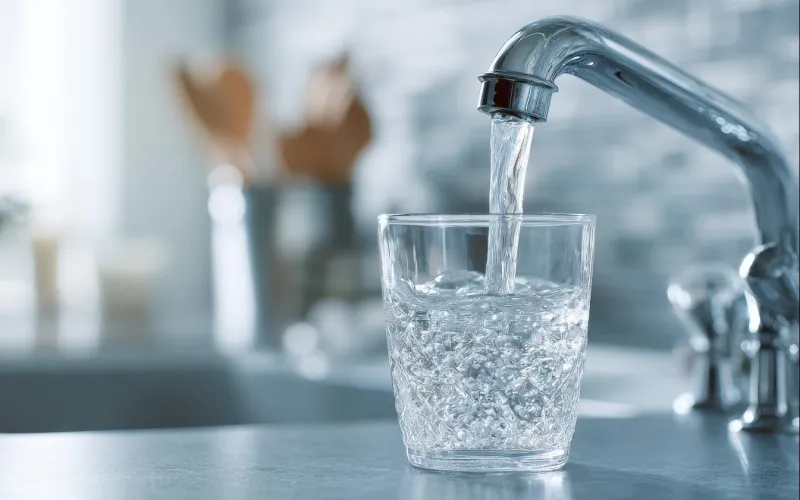 Wasser fließt aus einer Armatur in ein Glas
