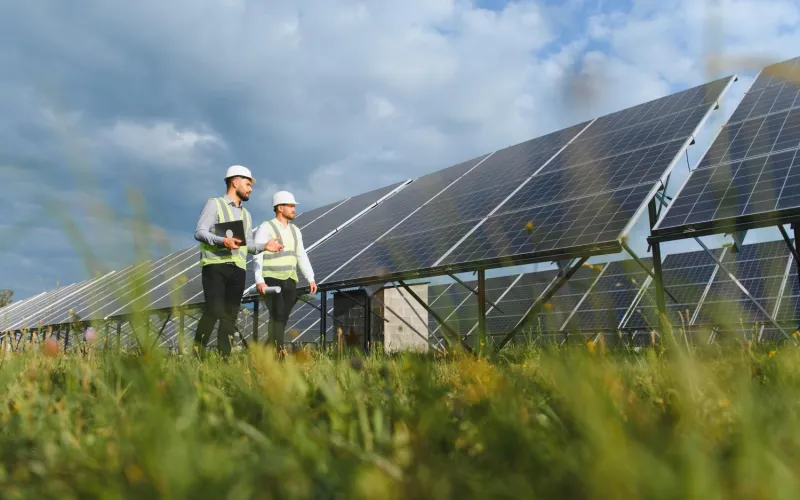 Techniker bei einer großen PV-Anlage