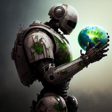 Planet Erde in den Händen eines Roboters, künstliche Intelligenz verändert die Welt - Generative Ai